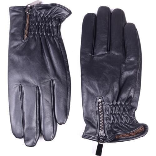 Mens Real Leather Goat Skin Wrist Button Zipper Winter Warm Touch Screen Driving Short Gloves