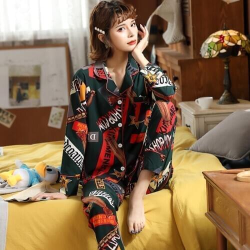 Long Sleeve Casual Nightwear Female Fashion Homewear Big Size M-5XL 2020 Silk Pajamas Set Women Colour Sleepwear Winter