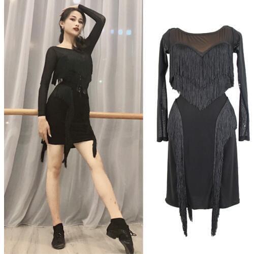 Ballroom Latin Dance Dress Woman Sexy Long-Sleeved Fringe Mesh Clothes Stage Evening Party Dresses Robe De Danse Latine DL4543