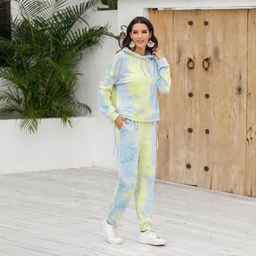 Hot Tie Dye Home Wear Set 2 Piece Hooded Long Sleeve Pullover and Casual Long Pants with Pocket Sports Sweater Suit
