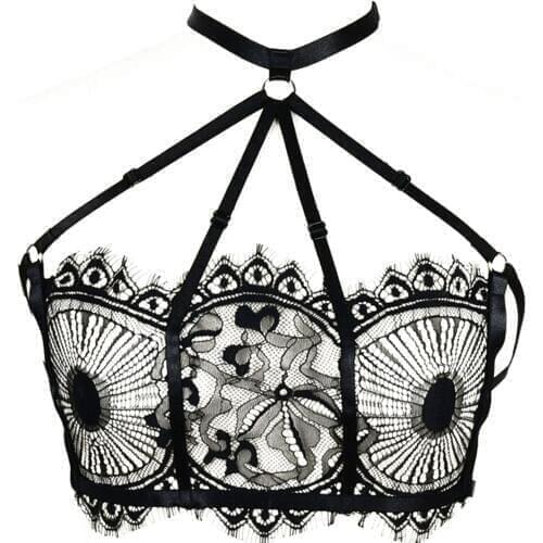 JLX.HARNESS Transparent Black Lace Bra Women Body Harness Belt Sexy Lingerie Hollow Goth Bondage Body Harness Lace Bra