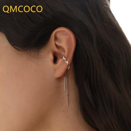 QMCOCO 925 Silver Clip Earrings Tassel Simple Temperament Asymmetrical Earbone Chain For Women INS Design Party Jewelry Gift
