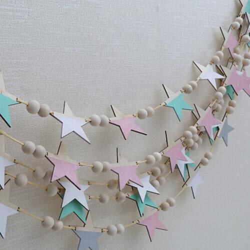 INS Nordic Wooden Star Beads Garland Banners Girls Baby Room Nursery Wall Decor Kids Room Hanging Curtains Pennant Photo Props