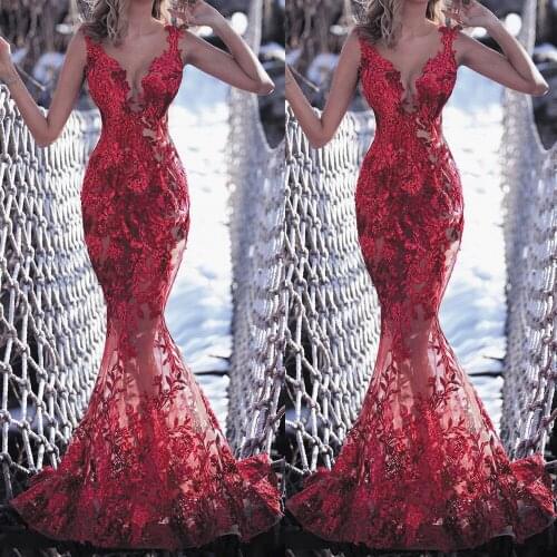 SuperKimJo Red Evening Dresses Long Mermaid Lace Applique Sparkly Modest Elegant Evening Gown Vestido De Festa 2021