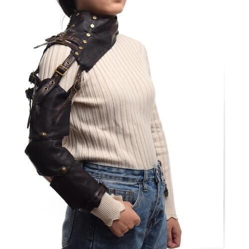 Unisex Steampunk Armor Single Shoulder Long Leather Buckle Gothic Arm Warmer