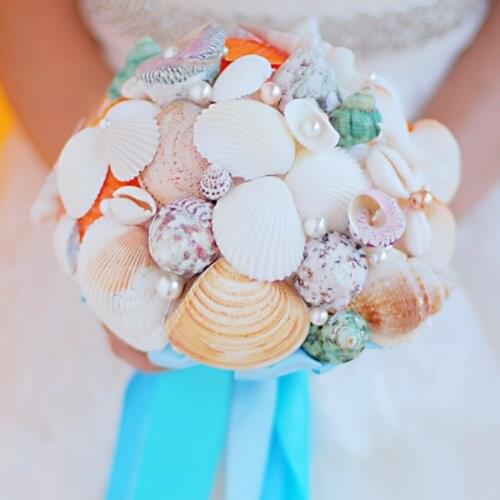 Iffo high-end custom bride hand holding flowers bridal bouquet groom corsage blue shell pearl nail ribbon material DIY decor
