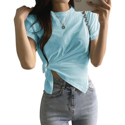 Women’s Summer Casual Short Sleeve T-shirt Fashion Solid Color Irregular Knotted Pullover Tops