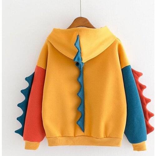 Hoodies Women Oversized Cute Cartoon Dinosaur Sweatshirt Girl Casual Loose Long Sleeve Splice Hooded Top Femme Harajuku Pullover