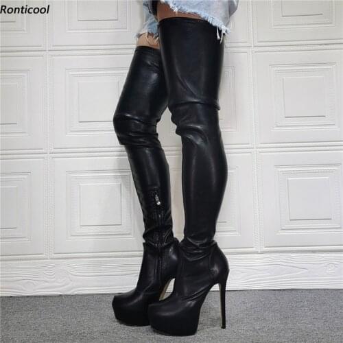 Ronticool Women Winter Thigh High Slim Stretch Boots Side Zipper Thin High Heels Round Toe Black Dress Shoes Women Us Size 5-15