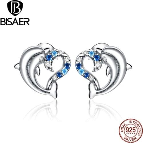 BISAER Dolphin with Heart Earrings 925 Sterling Silver Heart-Shaped Zircon Women Stud Earrings Wedding Jewelry ECE930