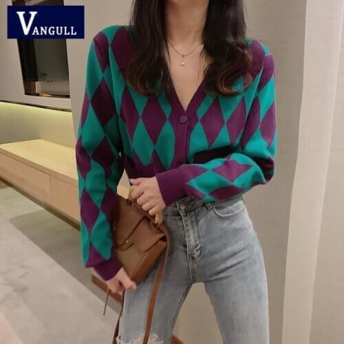 Vangull Argyle Plaid Women Cardigan Sweater Autumn New Short Contrast V-neck Loose Knitted Casual Vintage Korean Sweater Coat