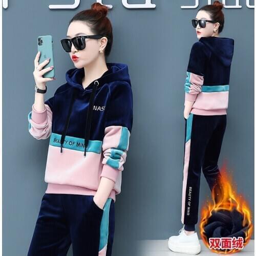 2PCS Women Tracksuit Sportswear Velvet Loose Hoodie Female Running Jogging Outfit Workout Casual Set Sport Suit Sweatshirt+pant