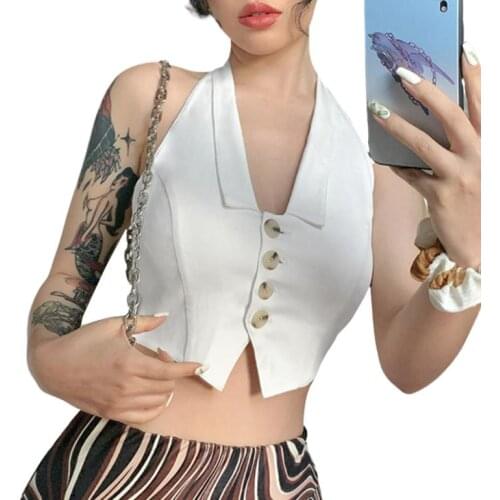 Womens Halter Crop Tank Tops Sleeveless V Neck Solid Color Button Down Lapel Camisole Vest