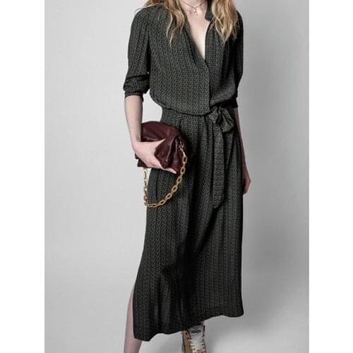 2021 Autumn New Lace-up Dress Irregular Hem Lace Trimming 100% Viscose Green Dress