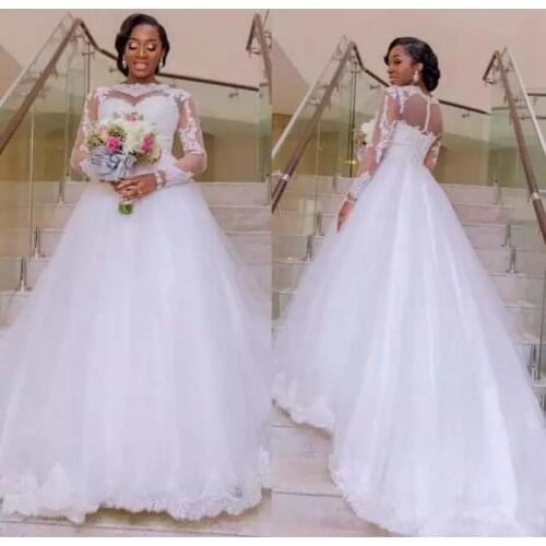 Plus Size A Line White Tulle African Wedding Dresses Lace Applique Sheer Neck Long Sleeve Nigerian Beach Bridal Gowns Custom