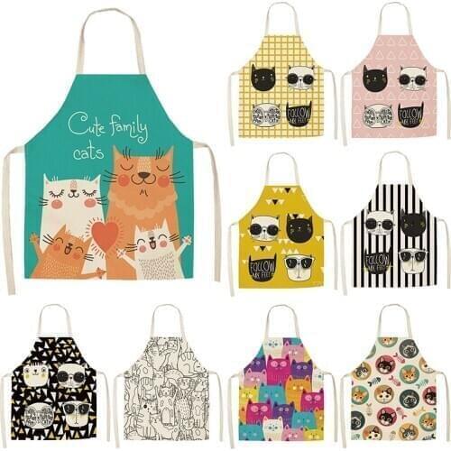 1Pcs Lovely Cartoon Cats Kitchen Aprons 53*65cm for Women Cotton Linen Bibs Household Cleaning Pinafore Home Cooking Apron 46306