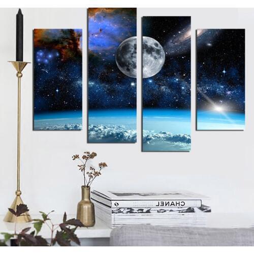 4 Panel Modern Printed Space Universe Landscape Paintings Canvas Picture Cuadros Earth Painting For Living Room No Frame