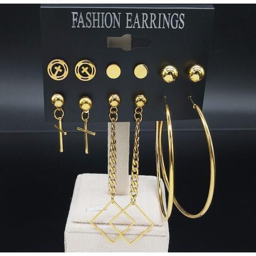 6 Pair 2021 Fashion Cross Stainless Steel Punk Earrings Women Gold Color Minimalist Earrings Jewelry pendientes mujer E61283S03