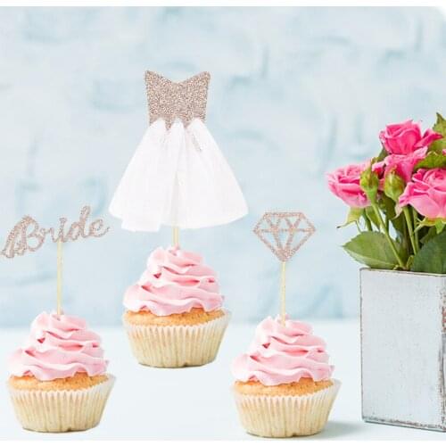 8/16pcs Rose Gold Bride To Be Diamond Wedding Dress Cupcake Cake Toppers Wedding Dress Cake Toppers for Bridal Shower Supplies