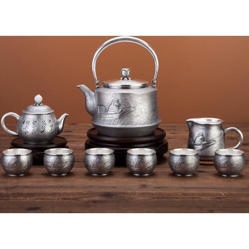Pure silver Kung Fu tea set, manual production pure silver 999 do old burn water kettle mention beam pot, office gift collection