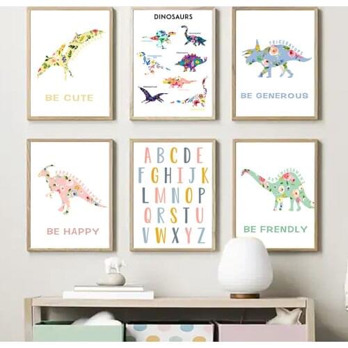 Kawaii Number Alphabet Jurassic Dinosaur Nursery Wall Art Canvas Painting Nordic Posters And Prints Decor Pictures Kids Room