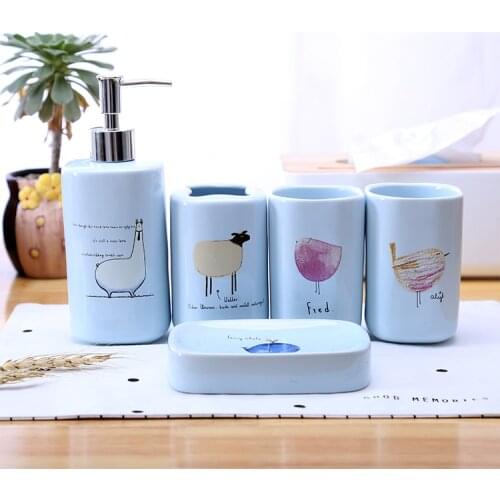 Kawaii Ceramic Bathroom five-piece set Bath Accessories Set Regards Brush Kit Toothbrush Holder Set Wash Soap Dish Dispenser
