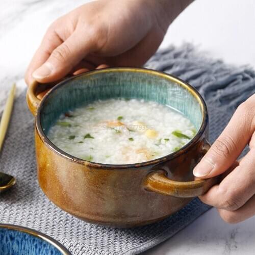 Ceramic Double Ear Bowl Single Home Eating Bowl Creative Dessert Bowl Fruit Salad Bowl Steamed Egg Bowl Retro Kiln Glaze