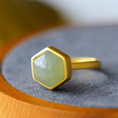 S925 Sterling Silver Hetian Jade Gray Jade Ring Simple Geometric Hexagonal Ring Temperament Female Ornament