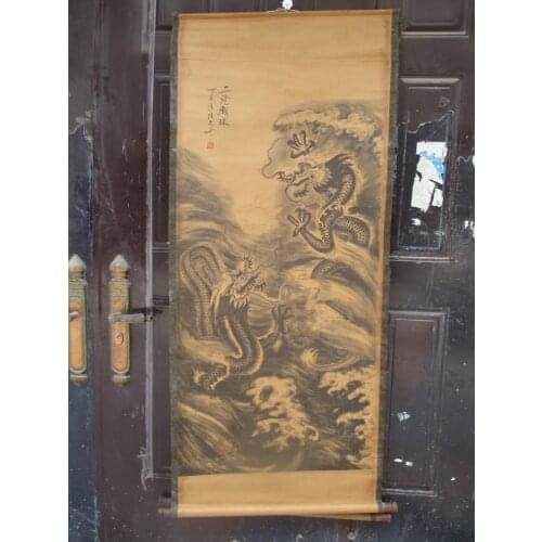 Collection Home wall decoration painting ,Chinese old paper scroll painting "2 dragon" animals Painting
