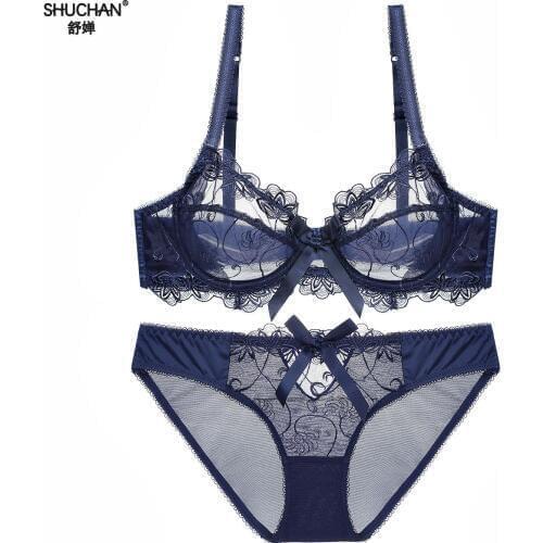 SHUCHAN Ultrathin lingerie set plus size bras A B C D Cup sexy lace bra set transparent women underwear embroidery Bow 9160