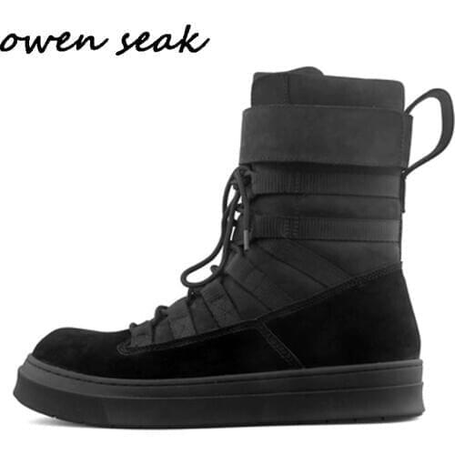 Owen Seak Men Shoes High-TOP Boots Genuine Leather Sneakers Luxury Trainers Winter Boots Casual Lace-up Black White Flats Shoes