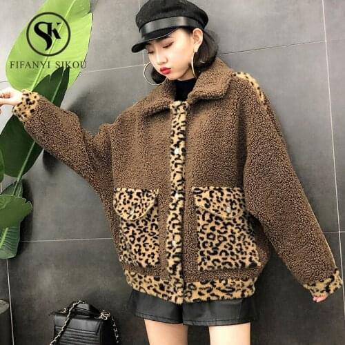 Fashion Leopard Faux Fur Coat Women 2019 Autumn Winter Thick warm Lambswool Fur jacket Single Breasted Pocket Loose Teddy coat