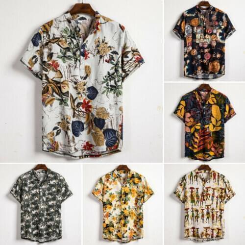 Men Linen Short Sleeve Shirt Summer Floral Loose Baggy Casual Hawaii Holiday Beach Shirts Tee Tops Buttons Blouse National Style