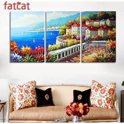 FATCAT Abstract seaside garden landscape diy 5d diamond painting full square round drill mosaic embroidery triptych kits AE2694
