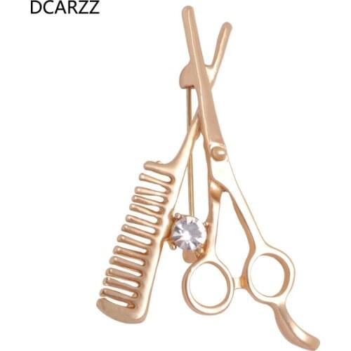 DCARZZ Alloy Scissors Comb Brooch Pin Cute Gold Crystal Pins Lapel Hair Stylist Trendy Jewelry Badge For Accessories Women Gift