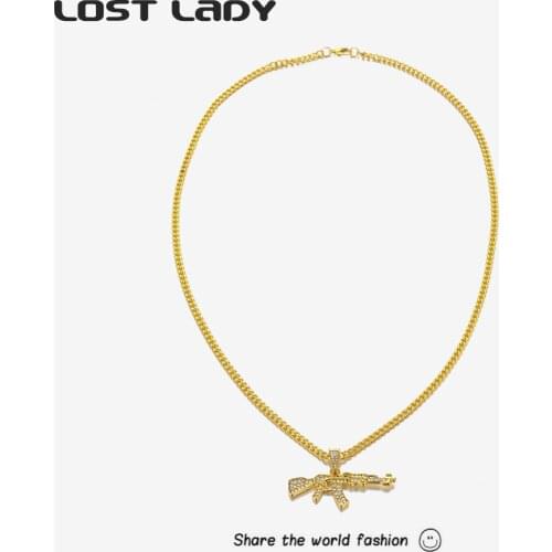 Lost Lady Fashion AK-47 Steampunk Necklaces for Man Women Gun Model Crystal Pendant Necklaces Gold Color Chain Hip Hop Jewelry