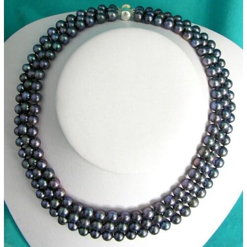 NEW 3 Row 18" Black Round 7-8mm Cultured Freshwater Pearl Necklace Choker