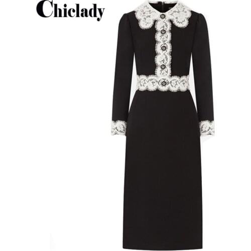 CHICLADY elegant midi straight dress 2021 new autumn winter fashion women clothed pachwork lace peterpan collar party work dress