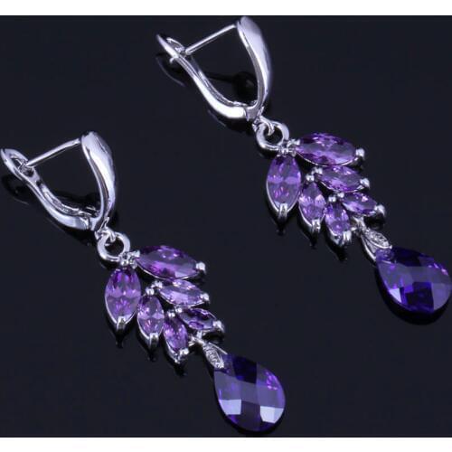 Flawless Water Drop Purple Cubic Zirconia Silver Plated Drop Dangle Earrings V1008
