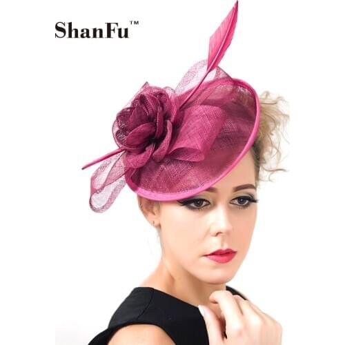 ShanFu 2018 Vintage Lady Sinamay Sagittate Feather Fascinator Fuchsia Fascinator Headband for Party Church Hats C12341