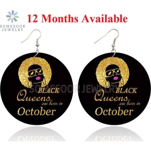 SOMESOOR 12 Months Birth Black Queen Loops Afro Wooden Drop Earrings Gold Modern Natural Hair Both Sides Printed For Women Gifts