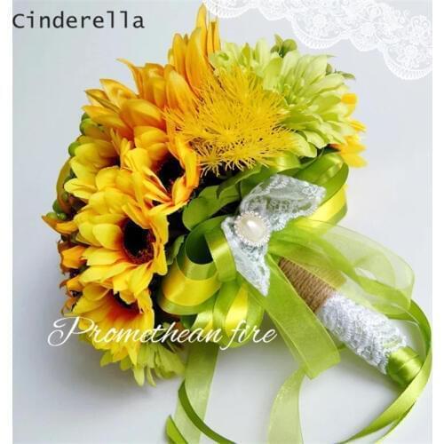 Cinderella Yellow Sunflower Wedding Bouquets Bridal Bridesmaid Flower Artificial Simulate Ivory Flower Bouquets