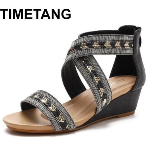 TIMETANG Women Wedges Sandals Fashion Ladies Shoes Soft Leather Corss Strap Design Female Mid Heel Pumps Large Plus Size 36-42
