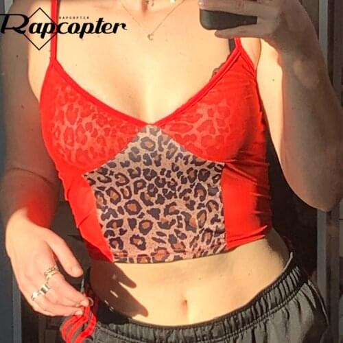 Rapcopter Mesh Women Crop Top See Through Tee Top Leopard Patchwork Cute Camis Y2K Tank Tops Summer Sweat Retro Camisole New