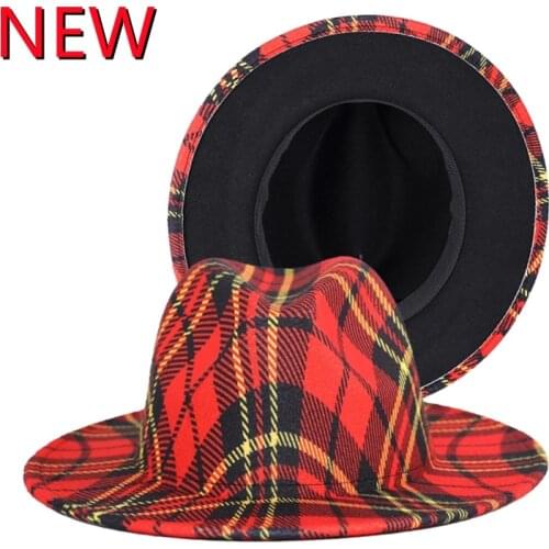 Womens red plaid striped fedora hat new wide-brimmed wool hat felt hat autumn winter fashion elegant Panama jazz hat wholesale