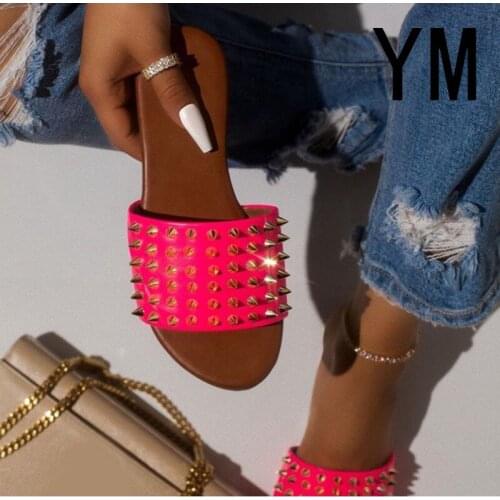 2020 Women Rivet Flat Casual Ladies Slides Open Toe Outside Metal Decoration Soft Beach Shoes Summer Female Footwear Plus Size43
