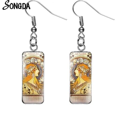 Alphonse Mucha Art Nouveau Paintings Rectangle Earrings Handcrafts Transparent Glass Cabochon Dangle Earrings for Women Brincos