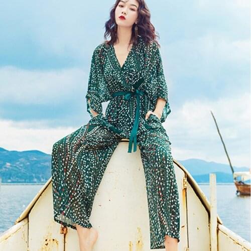 Green Sandy Beach Jumpsuit Overalls Bohemian Wind Bodysuit Ethnic Style One Piece Ladies Rompers Seaside Vacation Woman Jumpsui