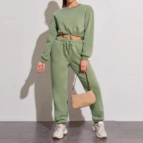 Women Casual Tracksuit Long Sleeve Drawstring Cropped Top And High Waist Jogging Trousers Suits Solid Loose Female Two Piece Set