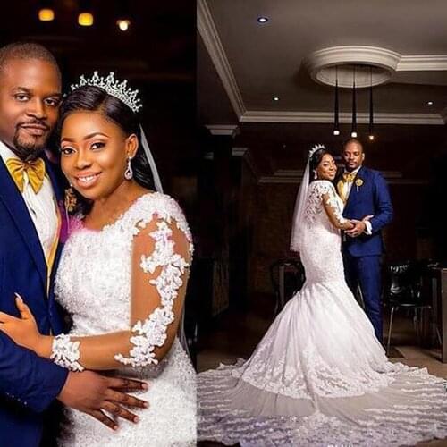 2020 New Arrival Mermaid Wedding Dresses Long Sleeves Lace Appliques Beaded Wedding Gowns SweepTrain Vestidos de novia